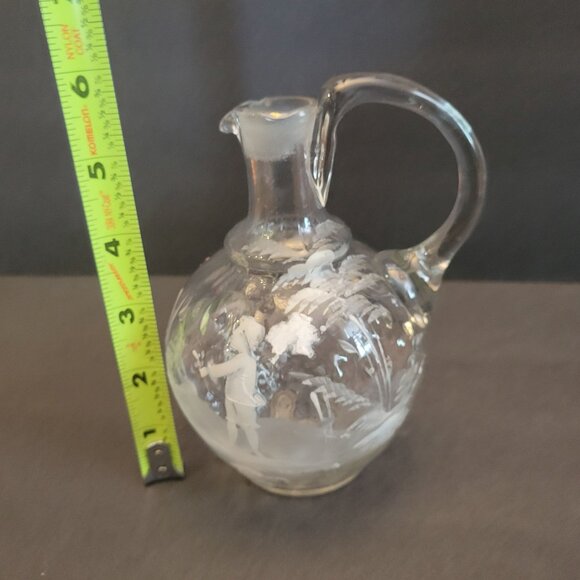 Mary Gregory Hand-Painted Clear Glass Pitcher With Handle Etched Child Scene - Picture 6 of 6